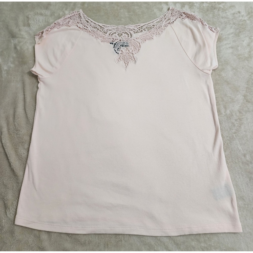 Lauren Ralph Lauren Pink Crochet Lace Trim Cotton Knit Top XL Short Sleeve